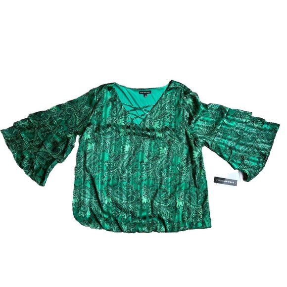 Sara‎ Michelle Bell Sleeve Green Blouse Popover Elastic Hem 2X Fairy Whimsigoth - Picture 1 of 9